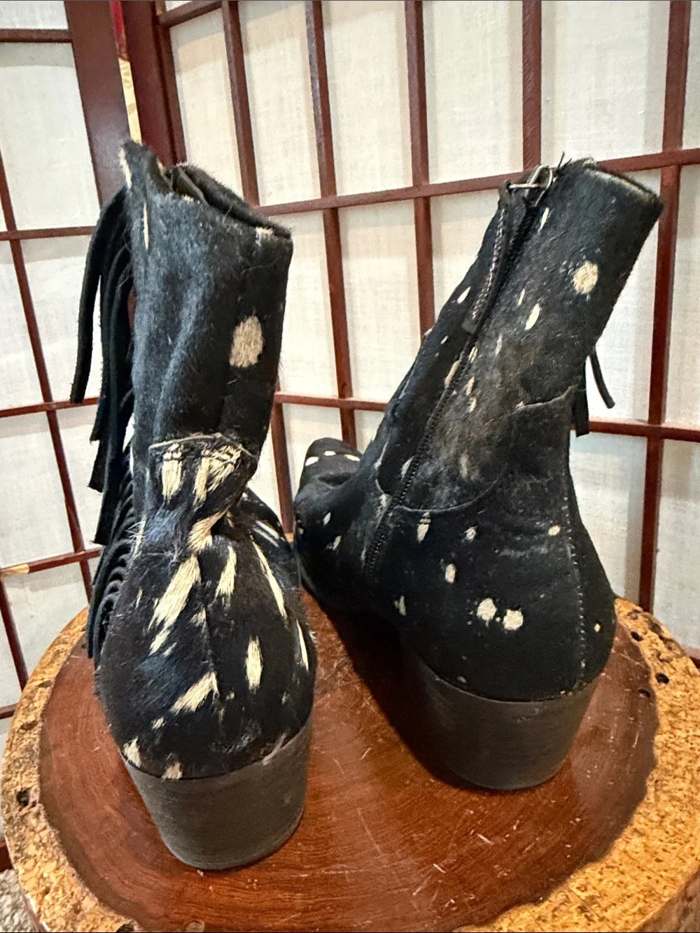 Dingo Hair Cowhide Ankle Boots Fringe Zip Black & White 8.5